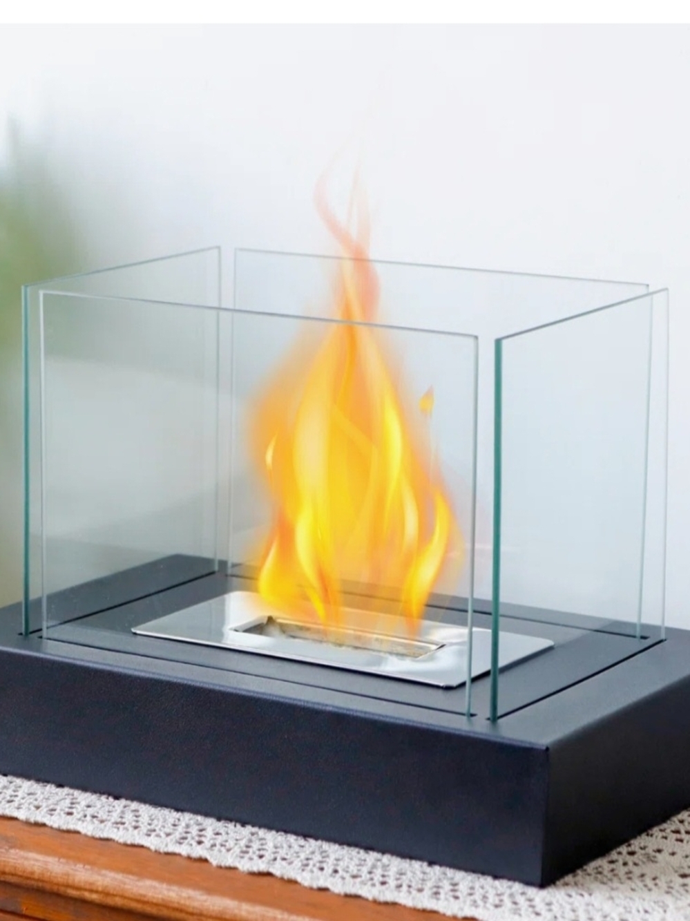 Tabletop Glass Bioethanol Fireplace - Clear Glass & Black Base